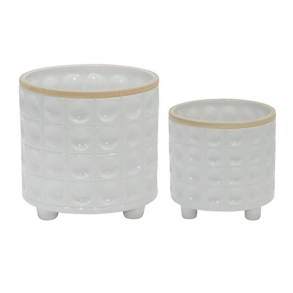 Sagebrook Home Set Of 2 Dimpled Footed Planter 6/8", White, Round, Ceramic, Contemporary, 8"H, Dimpled