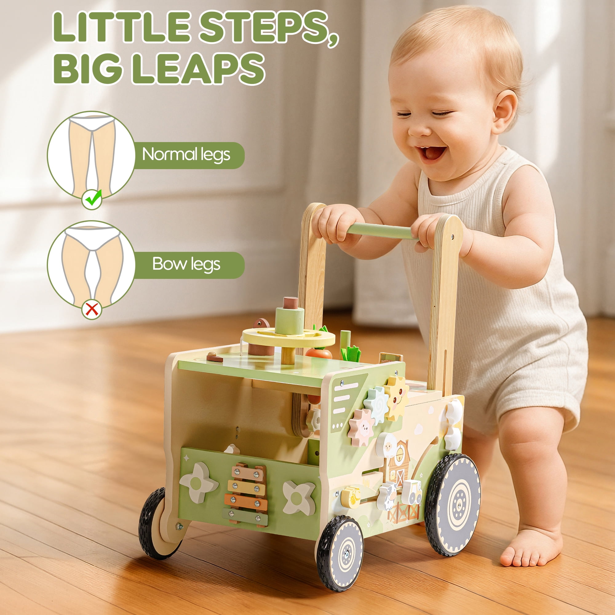 Robud Wooden Baby Walker for 10+ Months, Adjustable Speed & Height Learning Push Toy Montessori Activity (Rustic Farm Adventure Theme)