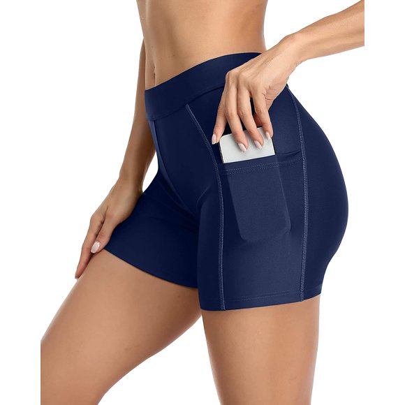 Charmo Shorts de Bain pour Femmes avec Poches, Shorts de Planche Unis, Bas de Maillot Boyleg