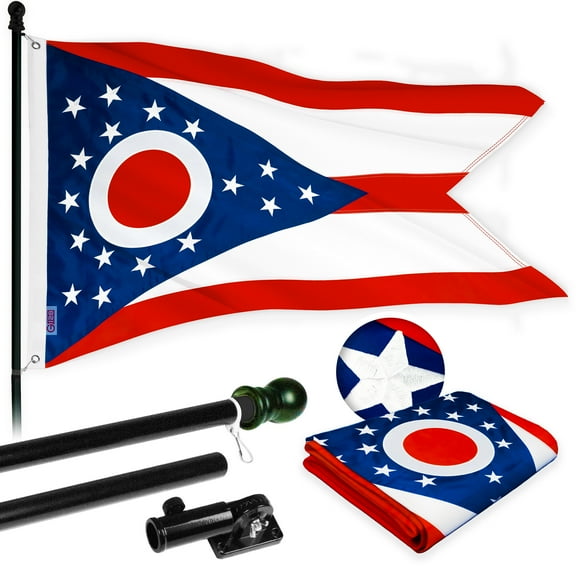 G128 - 6 Feet Tangle Free Spinning Flagpole (Black) Ohio Flag Brass Grommets Embroidered 3x5 ft (Flag Included) Aluminum Flag Pole
