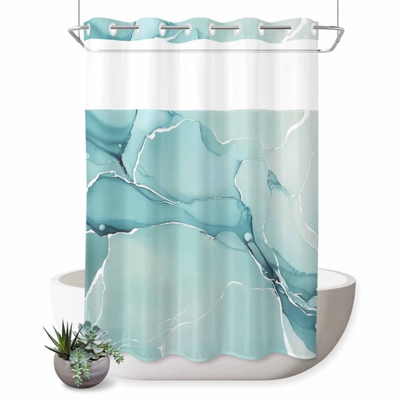 No Hook Shower Curtain with Built-in Rings - Turquoise Marble Texture Washable Waterproof Fabric Bathroom Curtains for Hotel,Rentals, 72 X 84 Inch Extra Long , Modern Abstract Watercolor Art