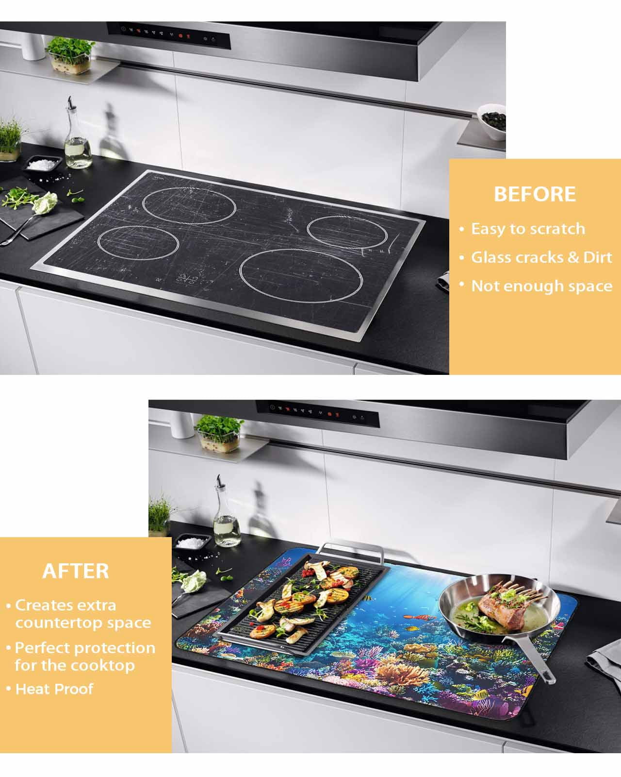 nqOlkjepod Large Induction Cooktop Protector Mat 24"x21", Turtle Blue Stove Top Covers for Electric Stove, Ocean Coral Shark Fish Underwater Scenery Stove Burner Cover Mats, Glass Top Stove Cover