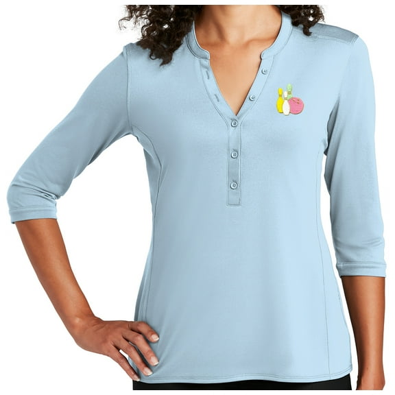 Women's Pastel Bowling Pins 5-button 3/4 Sleeve Henley Shirt, Large Cloud Blue