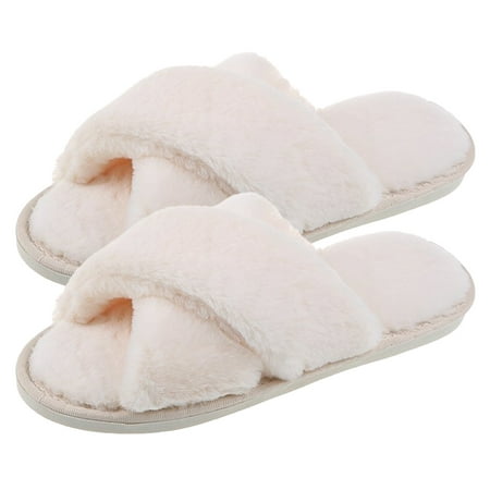 

Golffwork Women Cross Band Slippers Soft Plush Open Toe Warm House Shoes (Beige 7-8)