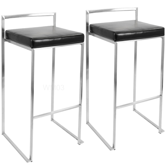 Modern Stackable Bar Stools Set of 2, Black Faux Leather Upholstered Seat Kitchen Island Stools with Backrest