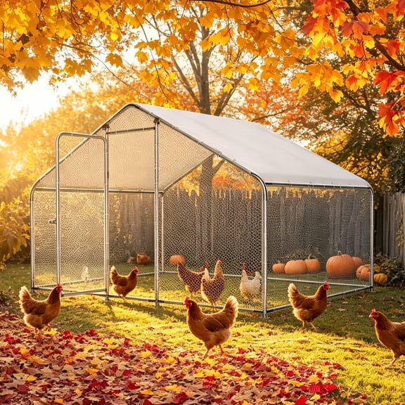 GOJOOASIS Outdoor Large Metal Walk In Chicken Coop Chicken Run 10x 6.6x6.6ft Spire-Top Chicken Pen Waterproof & Anti-UV Cover,Whitie