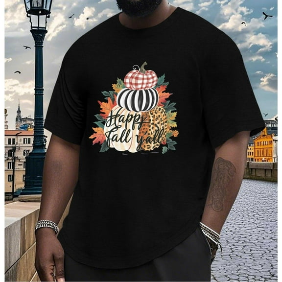 Mens Happy Fall Yall Graphic Autumn Tee T Shirt Tops Fashion Short Sleeve Round Neck Black S-5XL