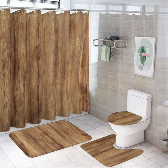 4 Pcs Wood Grain Texture Shower Curtain Set with Non-Slip Rugs Bathroom Set Bathroom Carpet Bath Mat And Toilet Rugs