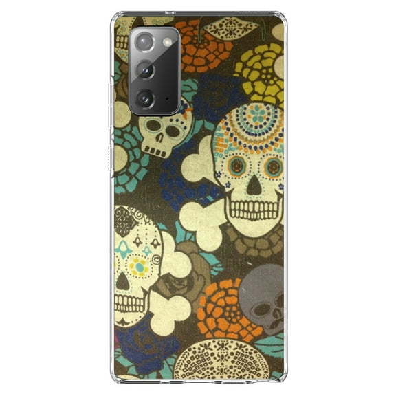 DistinctInk Clear Shockproof Hybrid Case for Samsung Galaxy Note 20 (6.7" Screen) - TPU Bumper, Acrylic Back, Tempered Glass Screen Protector - Sugar Skulls Green Orange