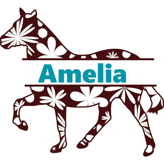 Personalized Name Vinyl Decal Sticker Custom Initial Wall Art Personalization Decor Childrens Girls Bedroom Galloping Horse Floral Print Pattern Design 16 Inches X 16 Inches