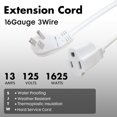 thumbnail image 2 of Cable de extensión PALARINE para interiores, enchufe plano, 30 cm, 16/3, SJTW, blanco, 2 of 6