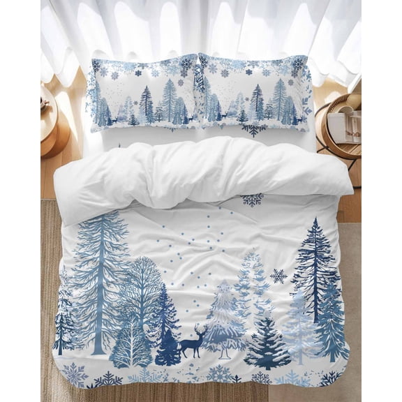 Blue Winter Theme Bedding Duvet Cover Set Full Size 4 Pieces Snowflakes Trees Snow Christmas Bedding Set with Zipper Closure, 1 Comforter Cover 86x86 Inches 1 Flat Sheet & 2 Pillow Cases