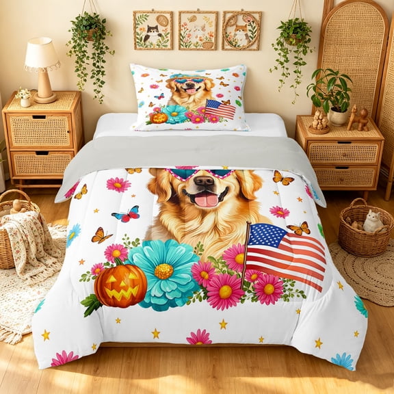 Manfei Kawaii Dalmatian Twin Comforter Sets, Cartoon Rustic Dog Bedding Set, White Orange, Gray Reversible, 2pcs, 1 Comforter and 1 Pillowcase