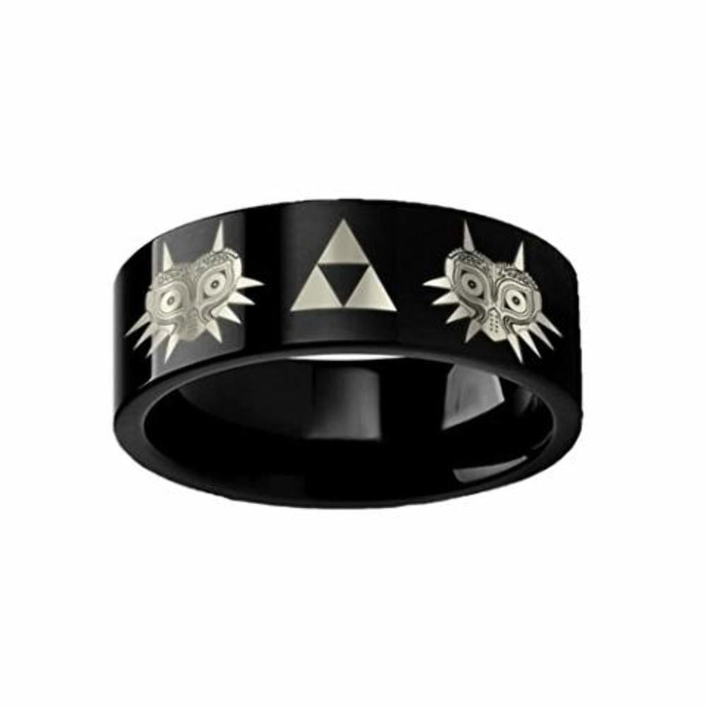 Thorsten Legend of Zelda Majora Mask Triforce Black Tungsten 8mm Wide Ring Wedding Band from Roy Rose Jewelry
