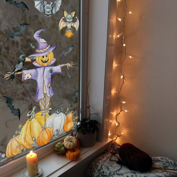 Boovnll Halloween Decorations, Halloween Watercolor Pumpkin Scarecrow Pattern Window Sticker, Home Decor, Halloween Decor, Halloween Decorations Outdoor