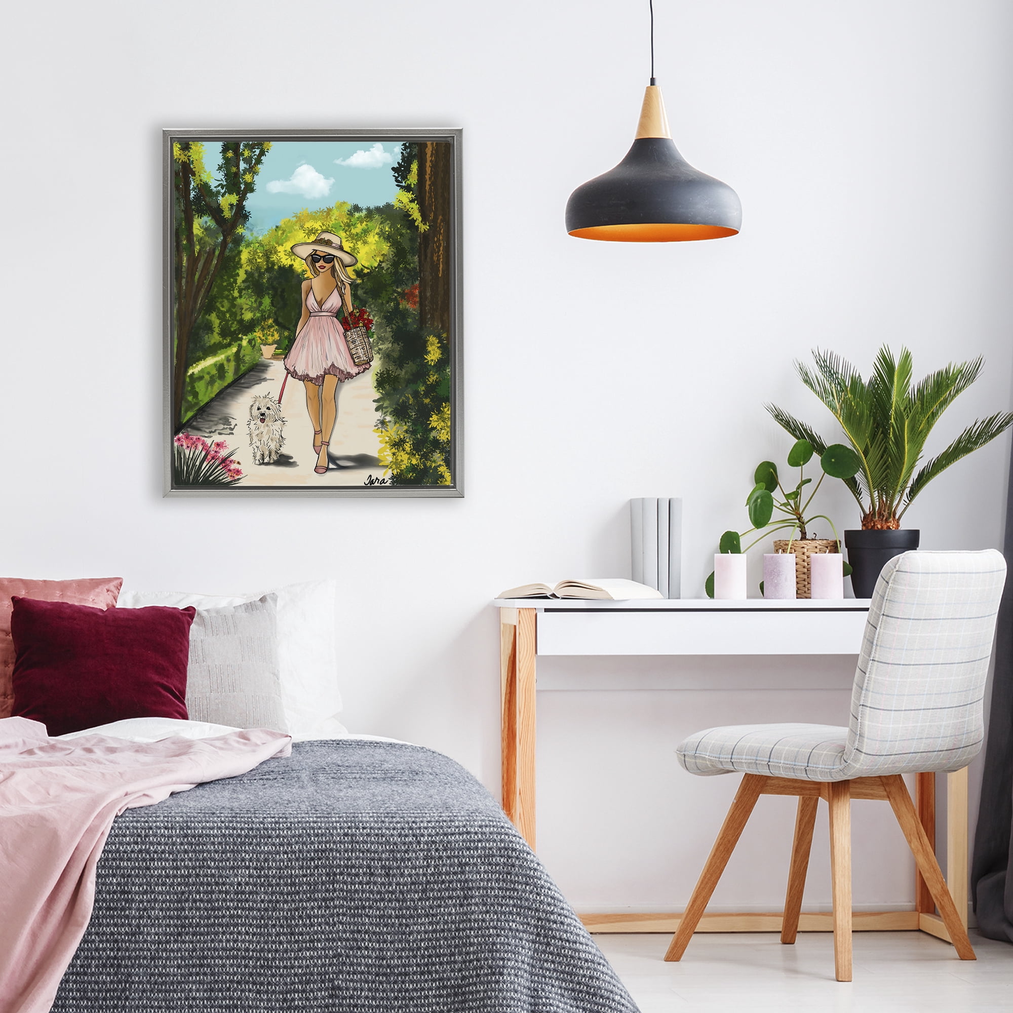 Stupell Industries Garden Girl Strolling with Pup Gray Framed Floater Canvas Wall Art, design by Tara Boone