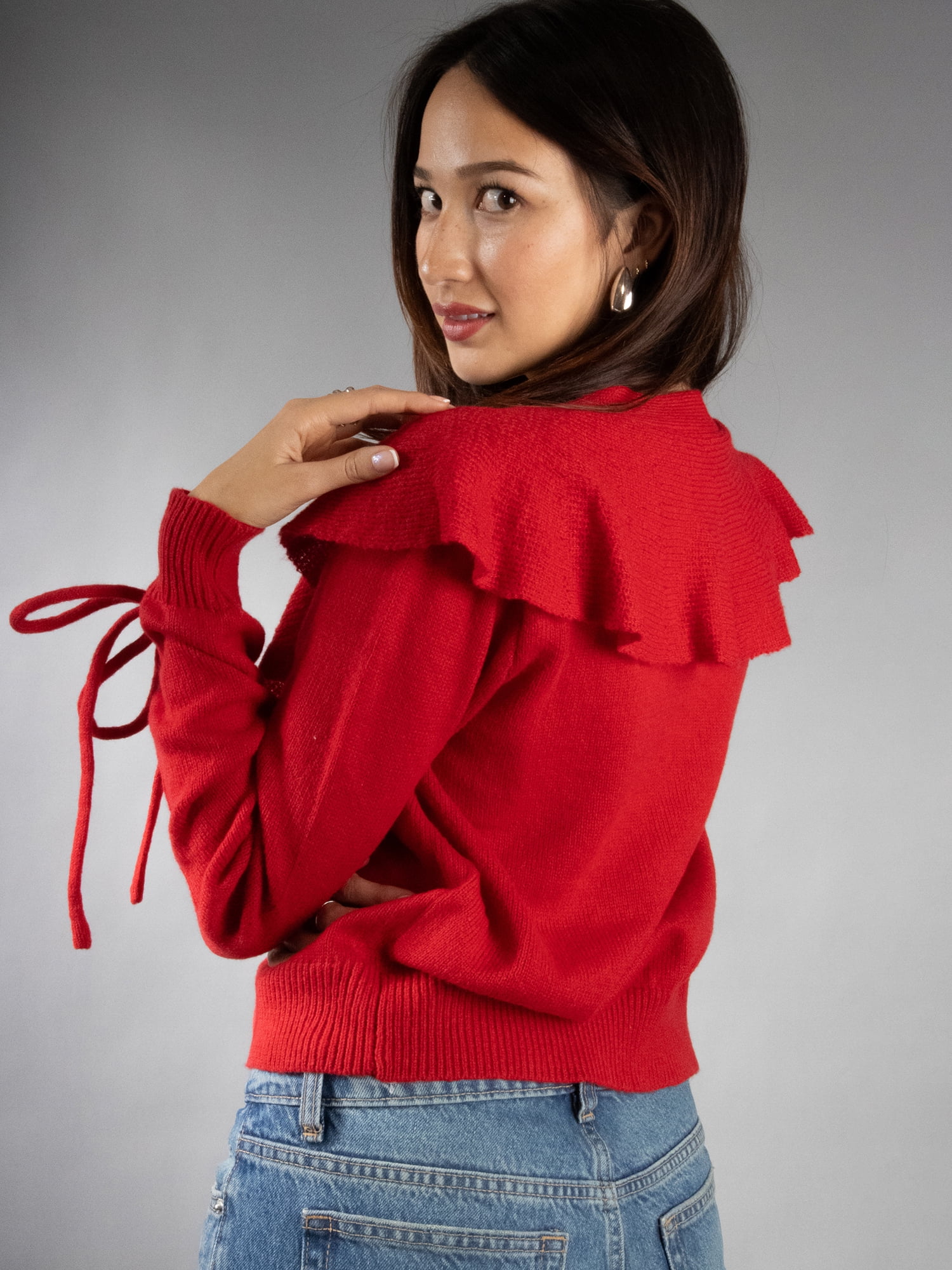 DARING DIVA Women's Stylish Lightweight Flouncy Tie Cardigan M Red