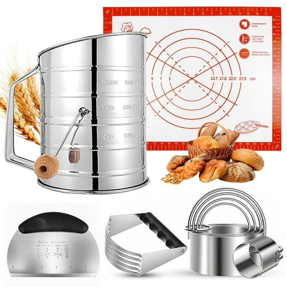 Godance 9 Pcs Stainless Steel Pastry Blender Set, Pastry Blender & Cutter with 5 Biscuit Cutters, 3-Cup Flour Sifter & Non-Stick Silicone Baking Mat | Biscuit Cutter Set for Cooking Cookies and Donut