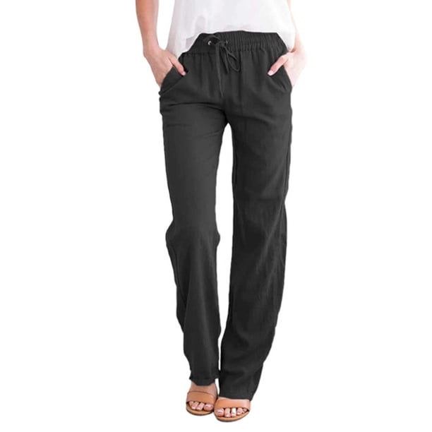 CEHVOM Pantalones rectos largos de cintura elástica con cordón de algodón y lino para mujer