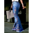 thumbnail image 3 of Women Vintage Dark Blue Floral Embroidery Jeans, Mid High Waist Extended Floor-Length Flared Pants All Seasons, 3 of 8