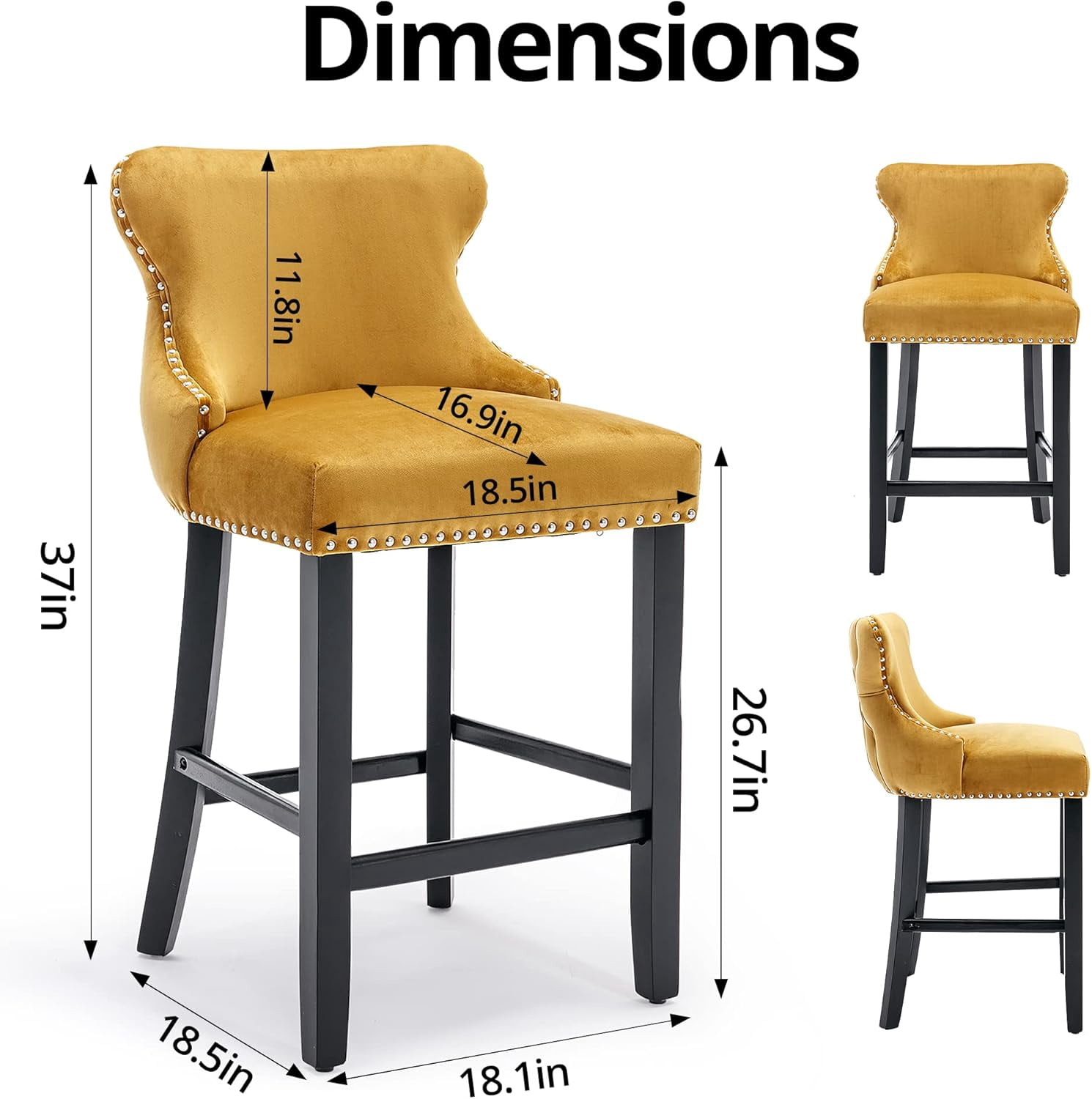 Velvet Wing-Back Bar Stools Set of 2, Button Tufted with Nailhead Trim & Solid Wood Legs, Counter Height Bar Chairs for Kitchen Island Dining Room Pub，Gold