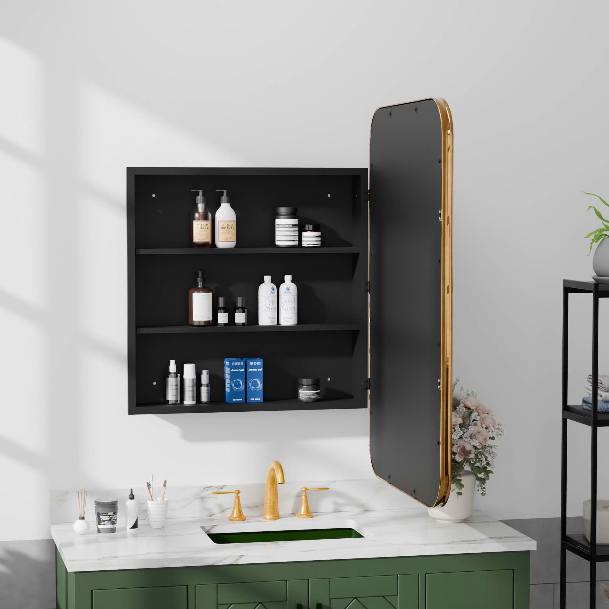 MAYEERTY 35x24x5 Inch Gold Metal 3-Ring Round Corner Rectangular Medicine Cabinet for Bathroom