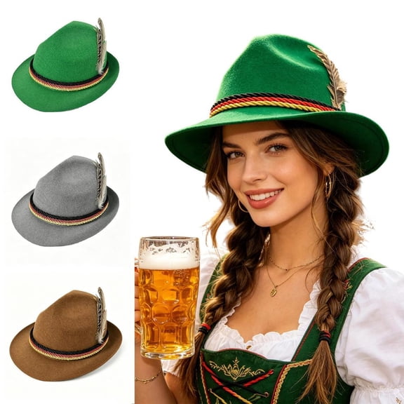 Bxsruta Womens Oktoberfest Hat Wide Brim Felt Bavarian Cartwheel Hat with Feather Decor for Festival Party Costume