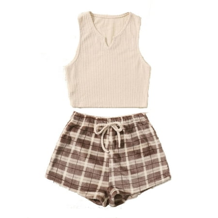 

2pcs Set Casual Plaid Notched Neck Short Sets Sleeveless Khaki Women s Pajama Sets (Women s)