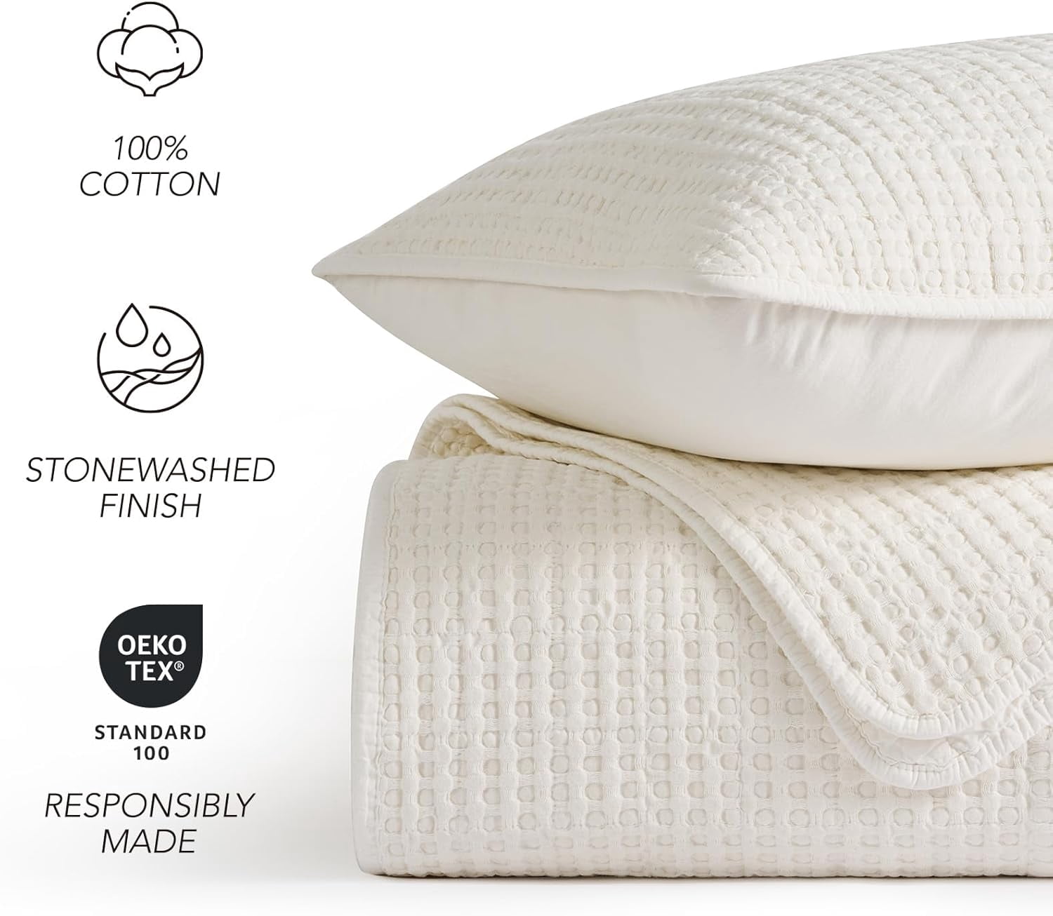 EVERGRACE Stonewashed 100% Natural Cotton Waffle Quilt Set King Size 3 Pieces, Soft, Breathable & Substantial Bedding, Quilted Coverlet Bedspread with 2 Shams for All Seasons, Bright White