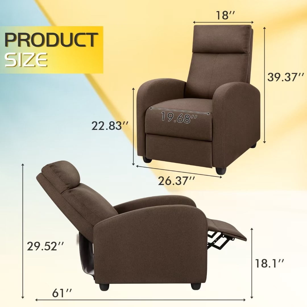 Vineego Recliner,Adjustable Home Theater Single Fabric Recliner with Thick Seat Cushion and Backrest Modern Living Room Recliners,Brown