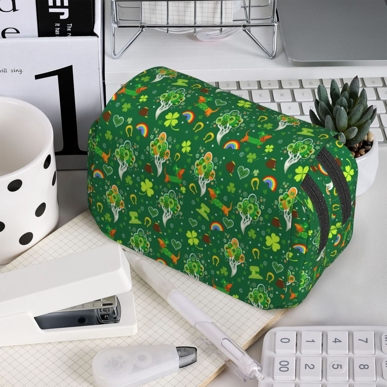 Rateoe St. Patrick's day Pattern Double Clamshell Pen Case, Storage Organizer with Two Zipper Compartments– Holds Up to 50 Pencils & Pens