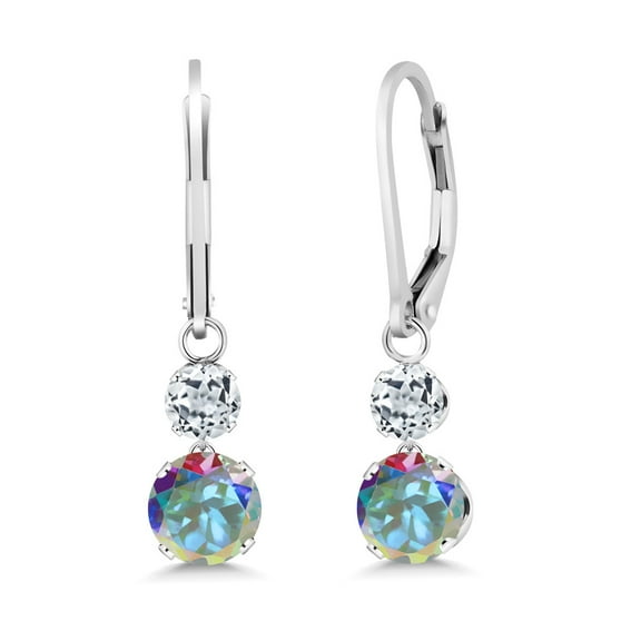 Gem Stone King 925 Sterling Silver Mercury Mist Mystic Topaz and White Topaz Drop Dangle Earrings for Women (2.66 Cttw, Gemstone Birthstone, Round 6MM and 4MM)