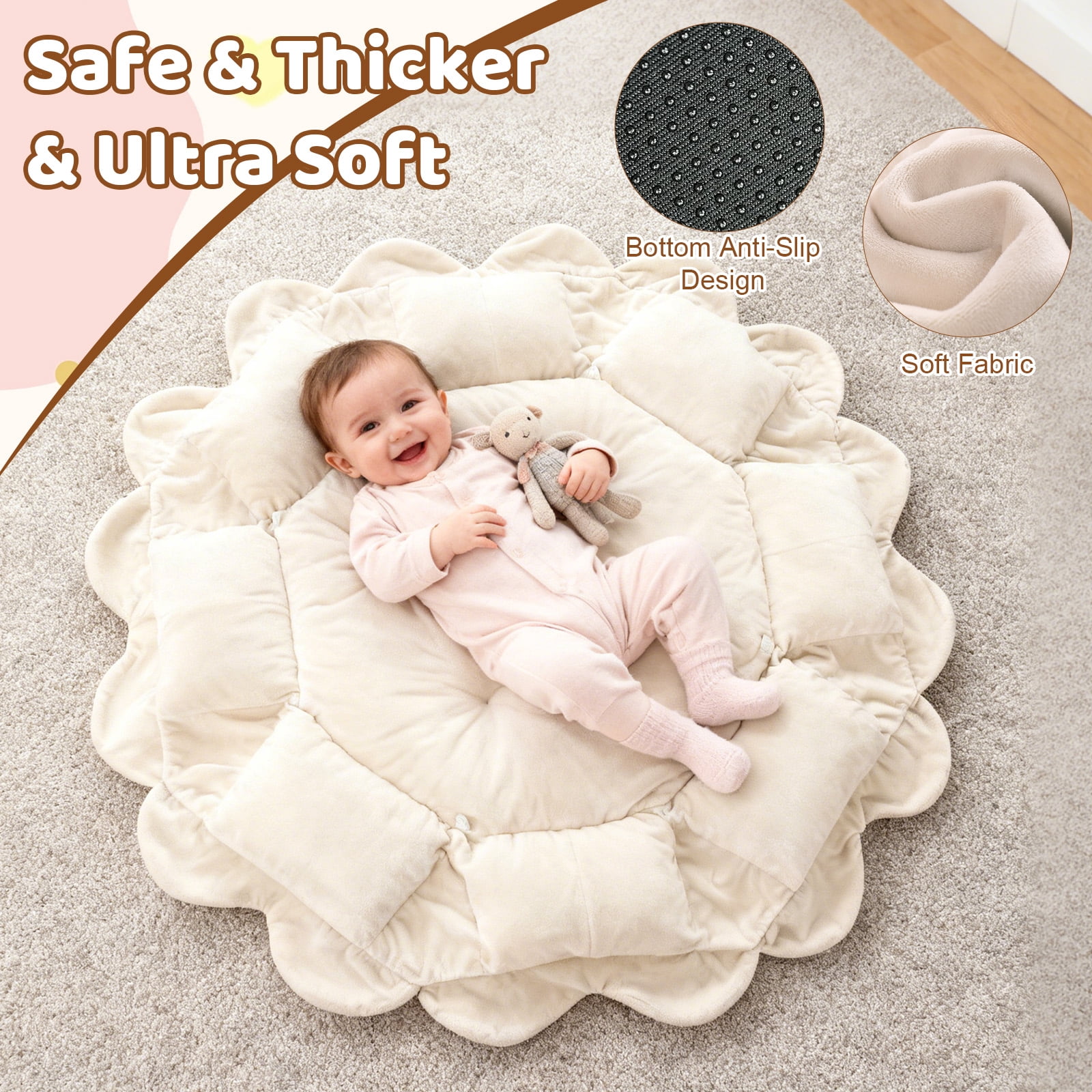 OMZER 5-in-1 Multifunctional Baby Play Gym, Washable Activity Mat with Sensory Toys, Non-Slip Baby Playmat, Beige