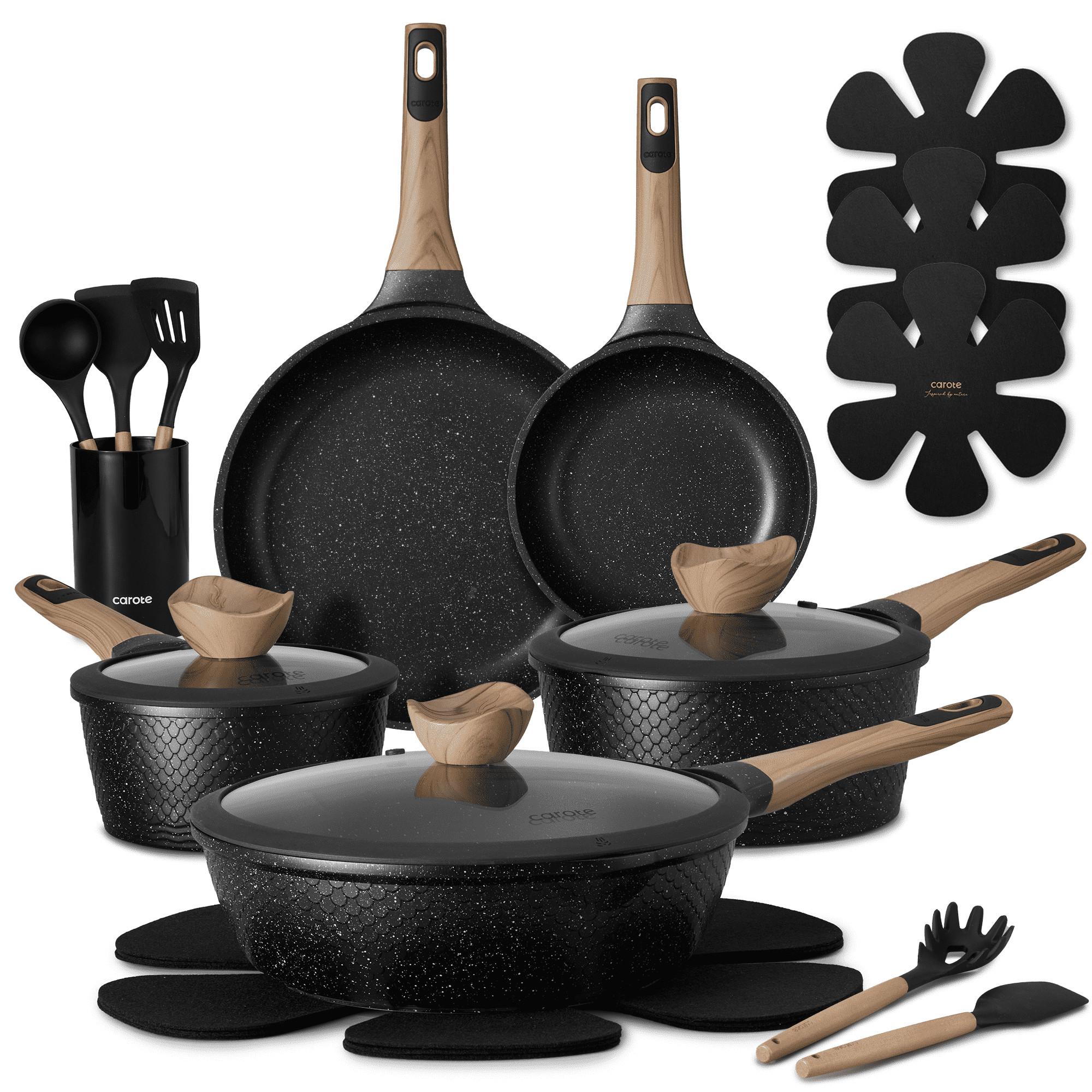 CAROTE 18-Piece Nonstick Pots and Pans, Granite Cookware Set with Kitchen Utensils, Black