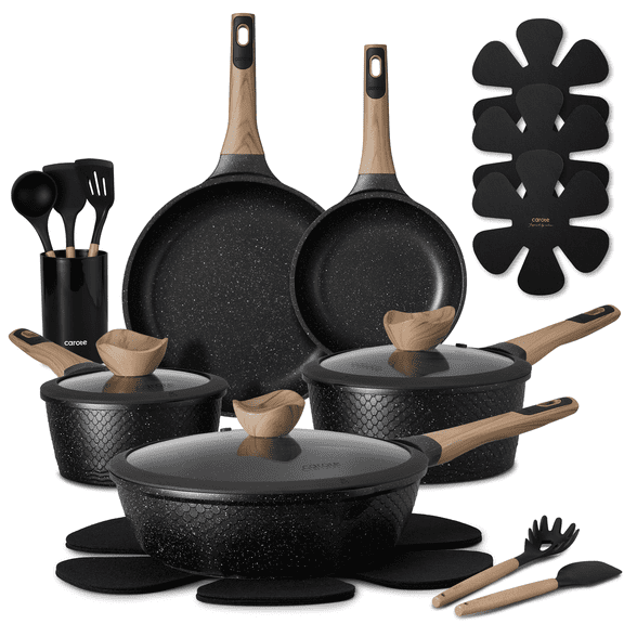 CAROTE 18-Piece Nonstick Pots and Pans, Granite Cookware Set with Kitchen Utensils, Black