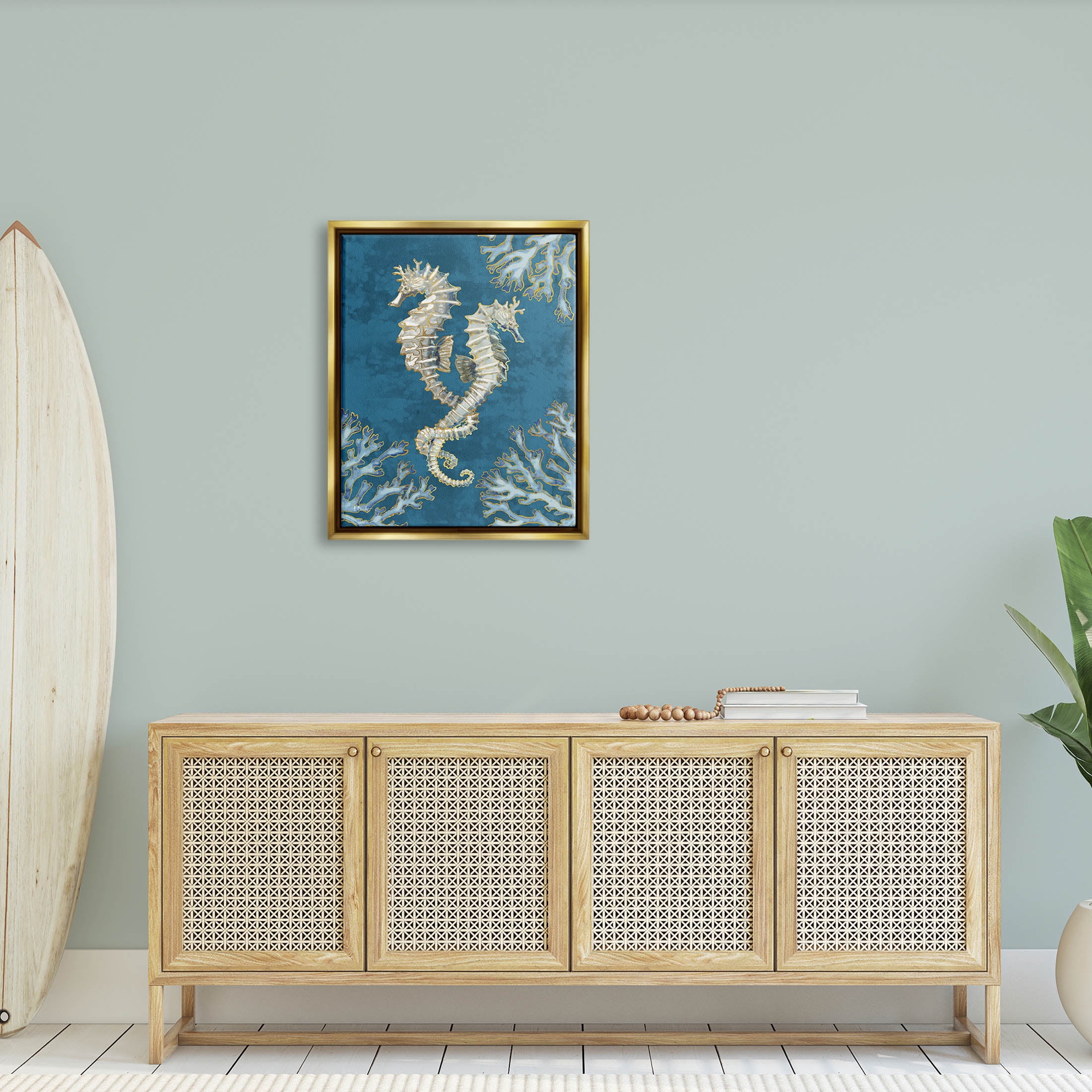 Stupell Industries Intertwined Seahorses Playa Sealife Graphic Art Metallic Gold Floating Framed Canvas Print Wall Art, Design by Paul Brent