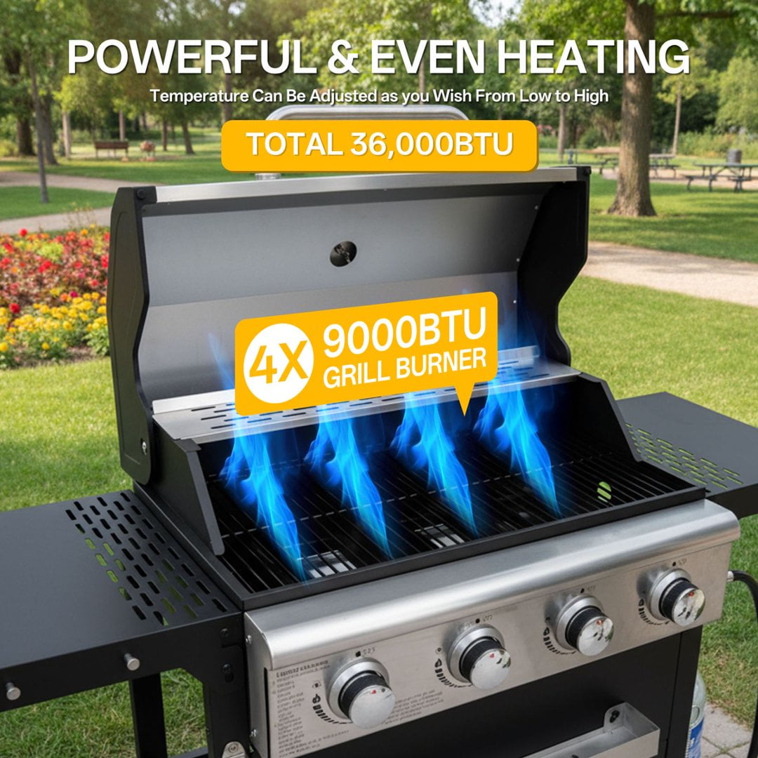 Fehomix 4-Burner Propane Gas Grill with Storage Cabinet & Side Shelves, Outdoor BBQ Grill with Stainless Steel Lid, Pull-Out Grease Tray and Large Wheels for Patio Backyard