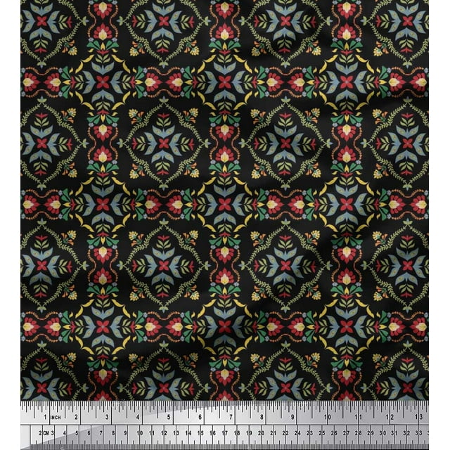 Soimoi polyester Crepe Fabric Leaves,Floral & Quatrefoil Damask Print Sewing Fabric Yard 42 Inch Wide