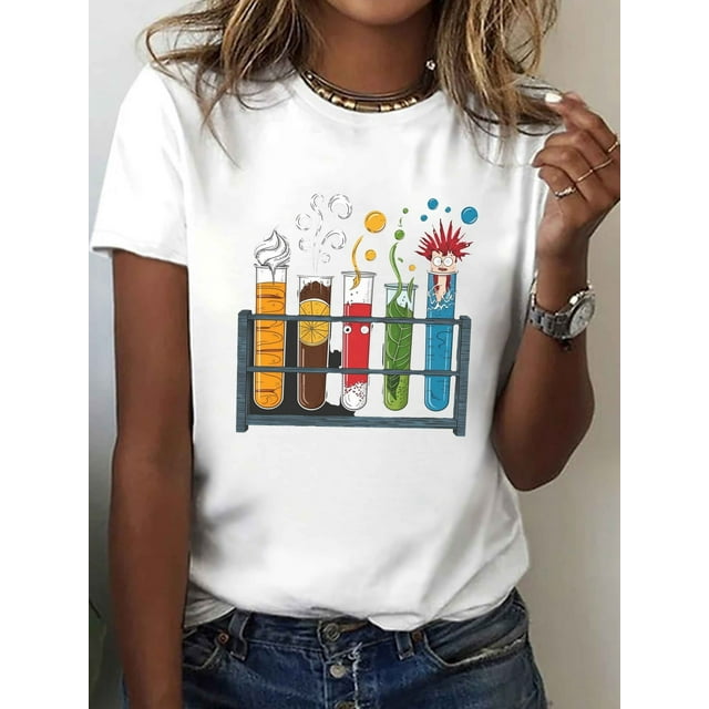 Women's Science-Inspired T-Shirt - Colorful Test Tube Print, Short Sleeve Crew Neck, Stretchy Cotton Blend, Casual Summer & Spring Top