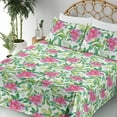 thumbnail image 3 of Ambesonne Garden Scene Fitted & Flat Sheet with Shams 4 Pcs Set, Watercolor Boho Floral, Queen, Hot Pink Fern Green White, 3 of 5
