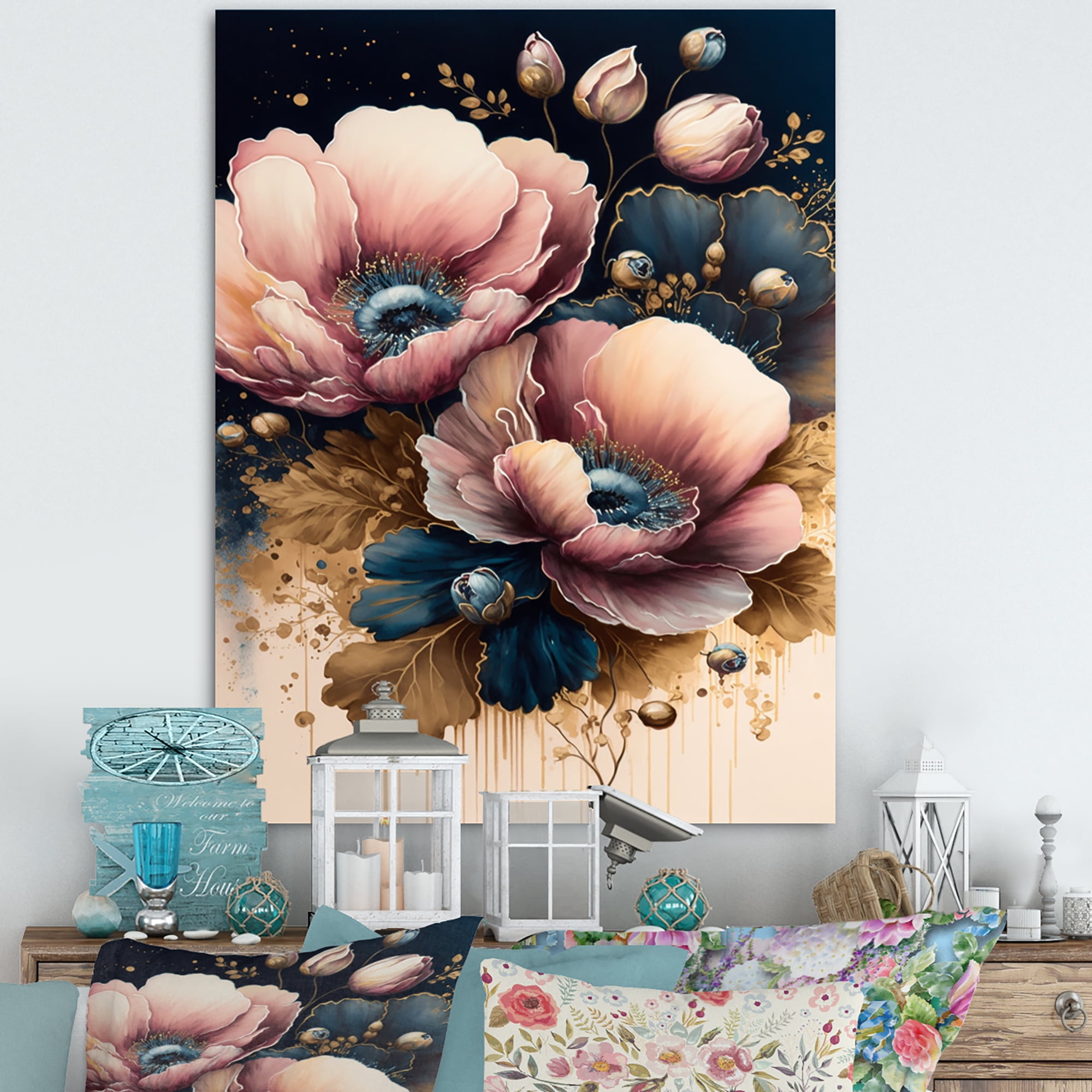 Designart Bold Pink And Blue Poppy Flowers I Canvas Wall Art