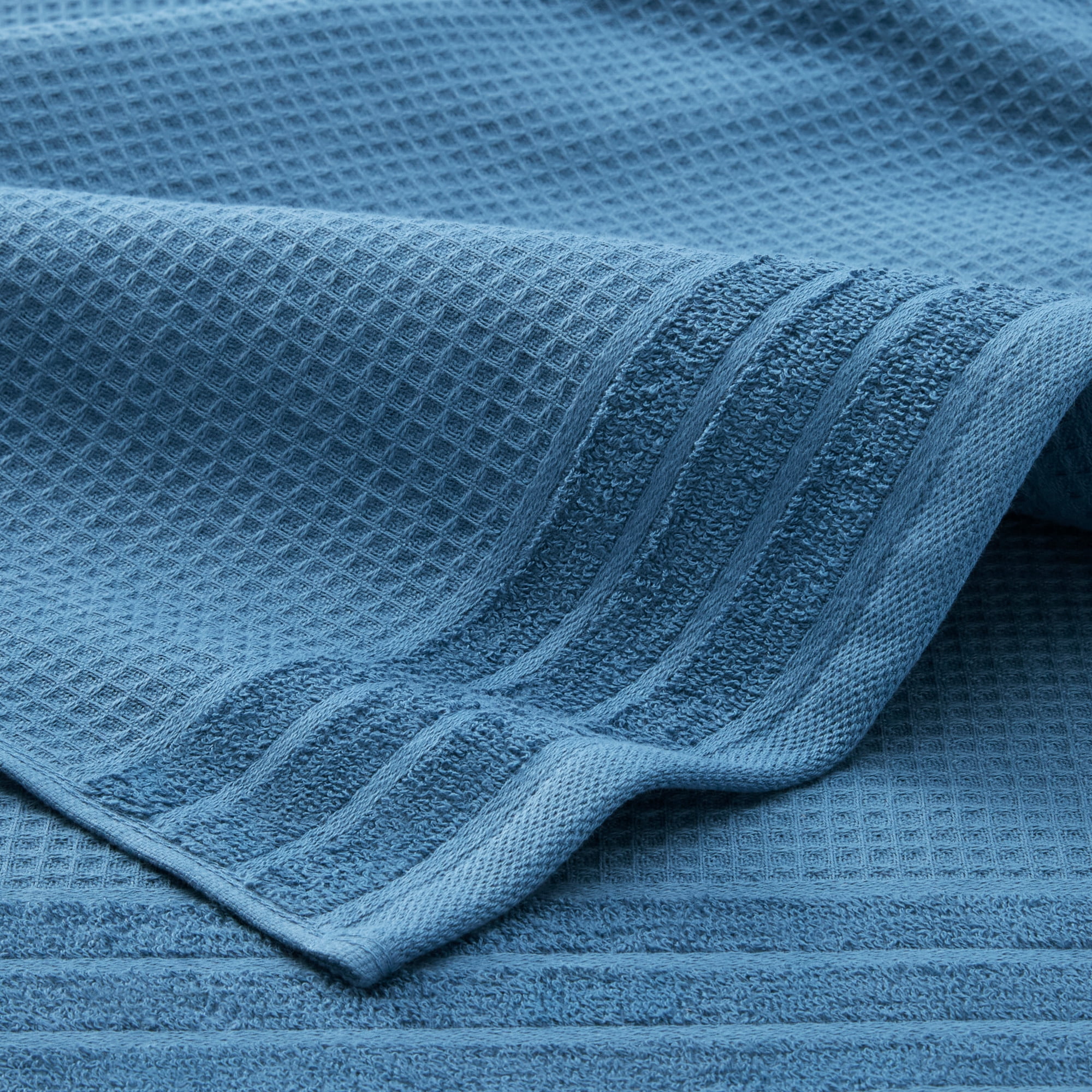 TOWN & COUNTRY BASICS 4-Piece Waffle Woven Terry Stripe Hand Towel Set, 20"x30", 100% Cotton, Quick Dry, Blue