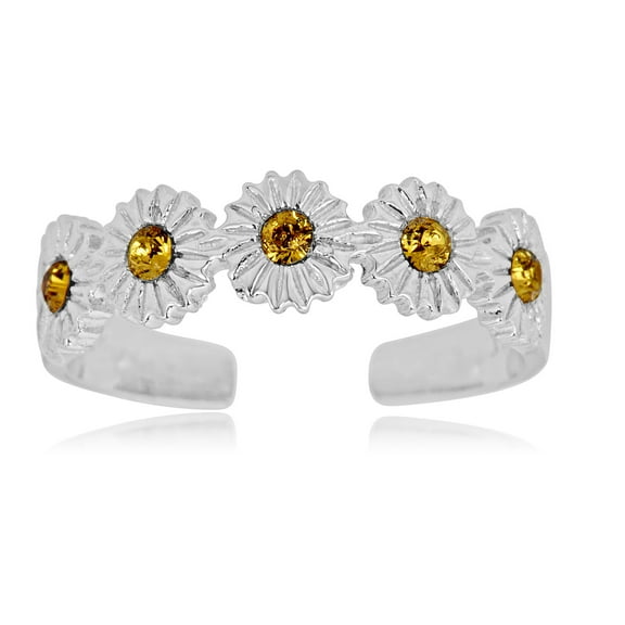 AVORA 925 Sterling Silver Adjustable Flower Toe Ring with Simulated Diamond CZ