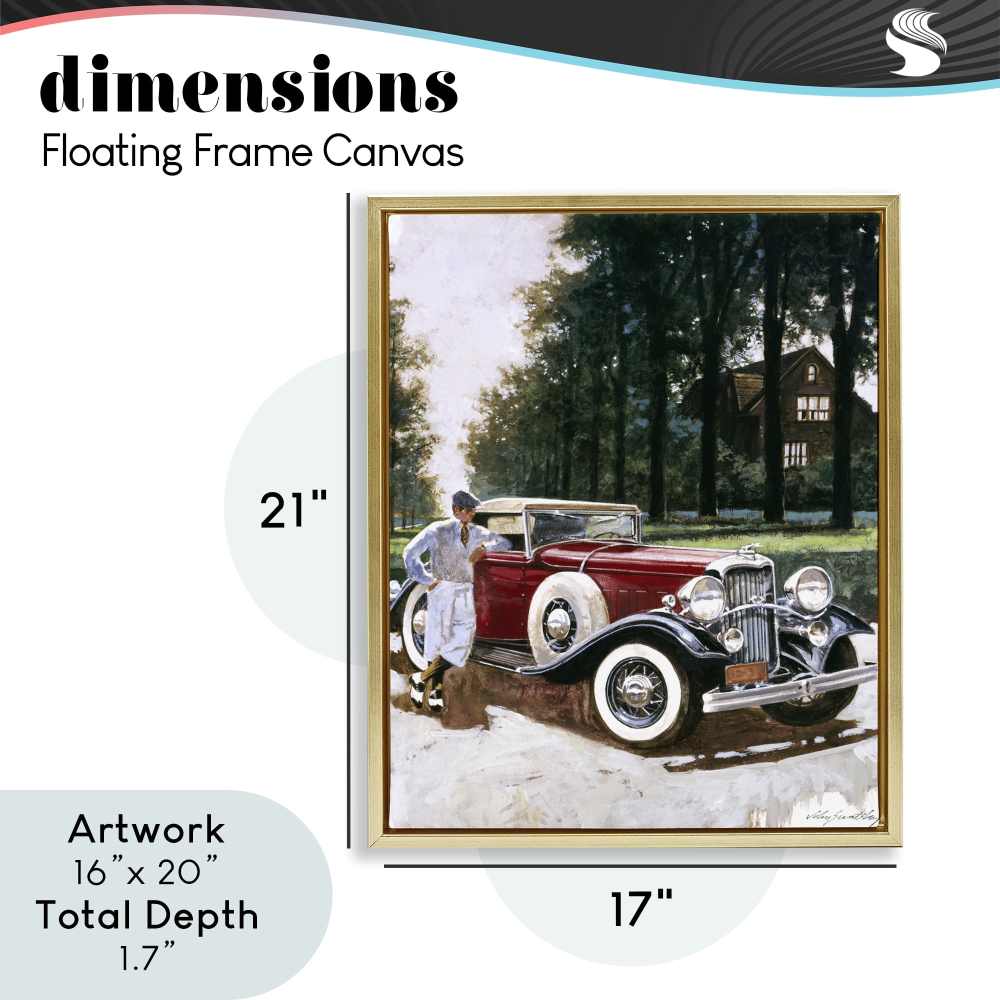 Retro Convertible Coupe & Driver Gold Framed Floater Canvas Wall Art, design by Wind River Studios