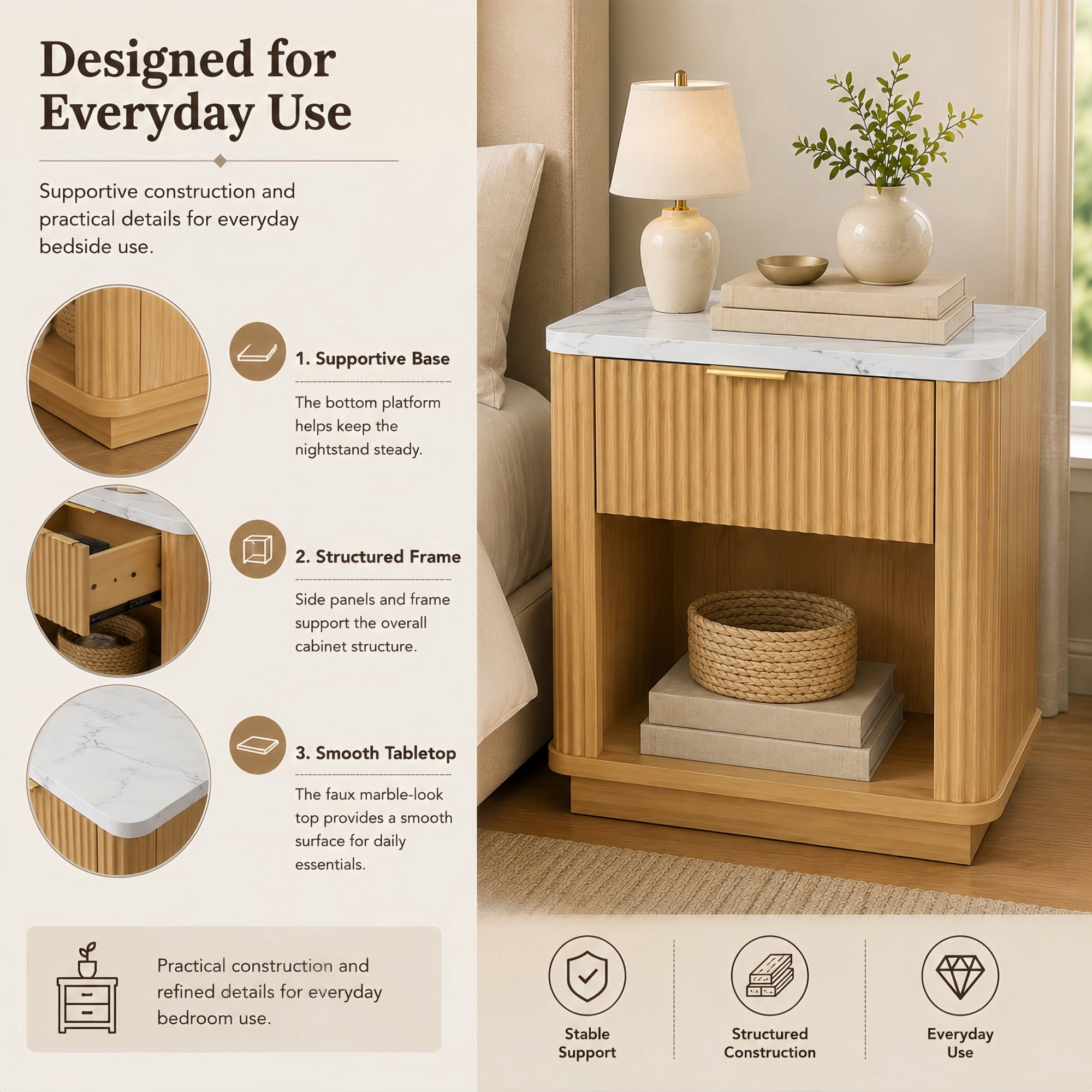 Leumius Nightstand with Storage Drawer & Open Shelf,Faux Marble Top,Gold-Tone Handle,Bedside Table and End Table for Bedroom,Guest Room,Dorm,Living Room,Natural
