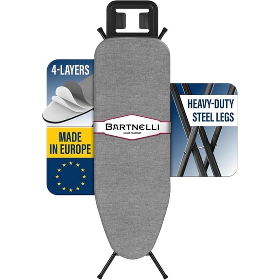Bartnelli Classic Adjustable Ironing Board with 4-Layer Cover and Pad, Stable Steel Frame, Foldable Black Gray Iron Table