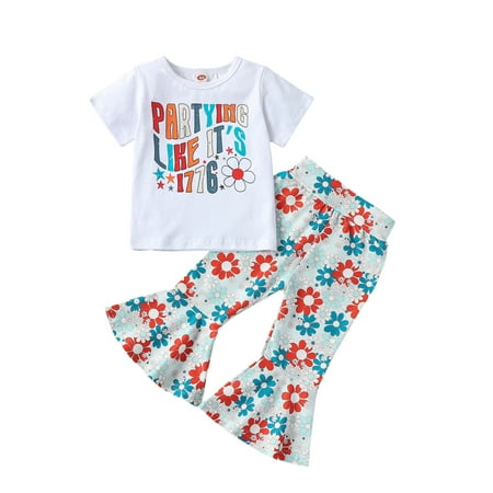 

Wassery 4th of July Baby Girls Summer Pants Set 6M 12M 18M 24M 3T 4T 5T Toddle Girls Independence Day Clothes Short Sleeve Crew Neck Letters Print T-shirt+Flare Pants 2Pcs