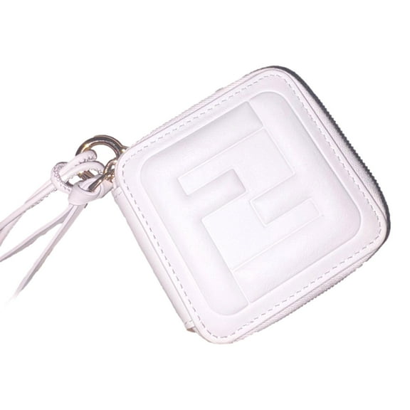 Fendi FF Cube Embossed Small Zip Wallet Bianco White Leather with Strap NEW