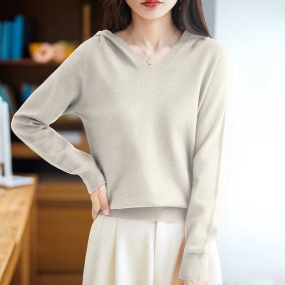 Women's V-Neck Hooded Knit Sweater, Soft Ribbed Pullover with Cozy Fleece Lining, Winter Warm Layering Piece for Casual Daily Wear, Comfortable Streetwear and Cold Weather Protection Beige L