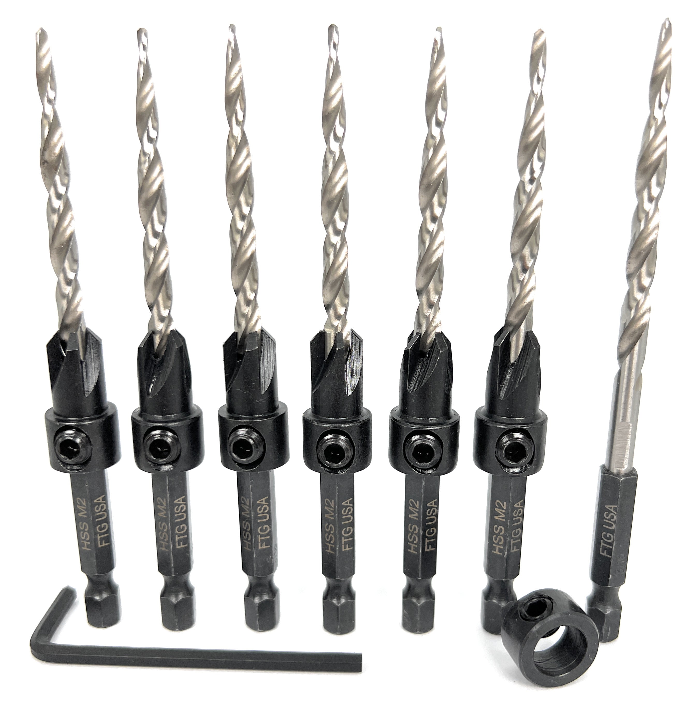 FTG USA Countersink Drill Bit Set 6 Pc #10 (3/16"), 1 Replacement Countersink Bit